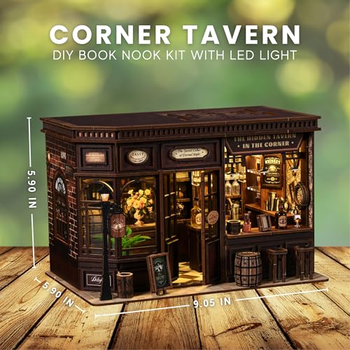 DIY Book Nook Kit LED 3D Wooden Puzzle — Aesthetic Miniature Bookshelf Insert Decor & Diorama Craft Building Kit for Adults, Teens & Home Library | Bookshelf Stand | (Corner Tavern)