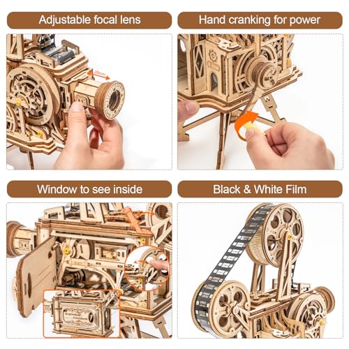 Rowood 3D Puzzle for Adults, DIY Wooden Model Kit for Adults to Build, Handheld Film Mechanical Gear Building Set, Birthday Vitascope Projector
