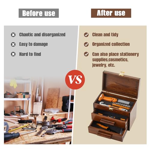 11 Inch Mini Wooden Tool Box with 2 Drawers and Top Storage, Wooden Color - size: 11 Inch