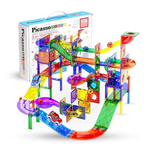 PicassoTiles 108 Piece Marble Run Race Track Set with LED Cars STEM Ages 3+ - color: 3-in-1 108pcs