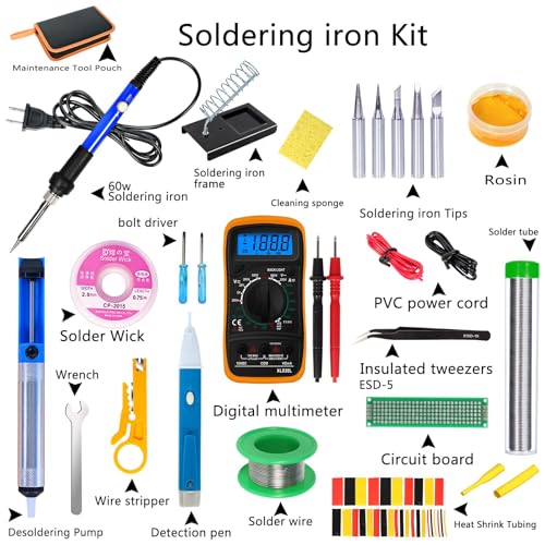 Soldering Iron Kit, 60W Adjustable Temperature, Digital Multimeter, 5pcs Soldering Tips, Wire, Stand, Desoldering Pump, Solder Wick, Tweezers, Welding Tool - color: Blue