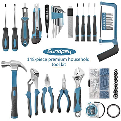 Sundpey 148 Pcs Portable Basic Hand Repair Home Tool Kit Set with Case Blue - color: Blue