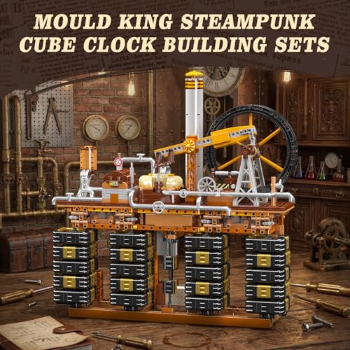 Mould King Steampunk Cube Clock Building Set, App Controlled Time Display, Industrial Oil Pump Mechanical Gear Model Kit for Adults, Creative DIY STEM Collectible Desk Decor Gift(3234+ PCS)