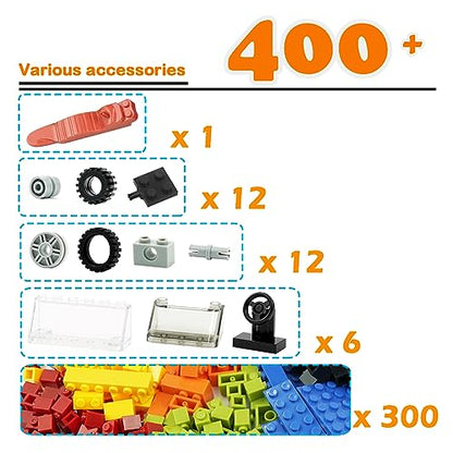 Classic Bricks Wheels and Axles Sets, Over 400 + 56Pieces Building Block Toys, Car Parts Kits with Steering Wheels, Tims, Rubber Tires