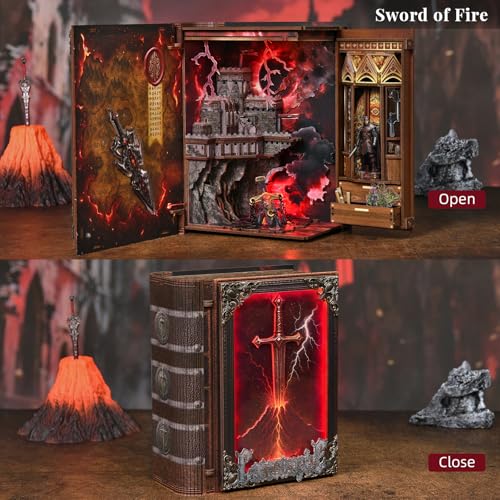 MiniCity Sword of Fire Book Nook Kit, 3D Wooden Bookshelf Puzzle with LED - color: The Sword of Fire