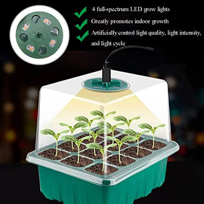 Seed Starter Tray Seedling Kits with Grow Light, 3-Pack Plant Germination Set with Adjustable Humidity Dome and Base Greenhouse Grow Trays for Seeds Growing Starting (12 Cells per Tray)