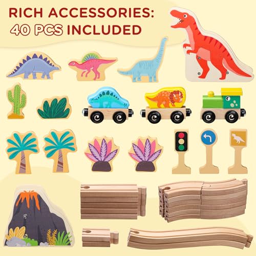 SainSmart Jr. Wooden Train Set Dinosaur Theme, Train Toys with 6 Kinds of Dinosaurs, Dinosaur Train Compatible with Brio, Thomas, Melissa & Doug – Perfect Wood Toy for Boys and Girls - style: Dinosaur