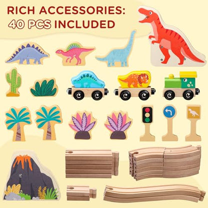 SainSmart Jr. Wooden Train Set Dinosaur Theme, Train Toys with 6 Kinds of Dinosaurs, Dinosaur Train Compatible with Brio, Thomas, Melissa & Doug – Perfect Wood Toy for Boys and Girls - style: Dinosaur