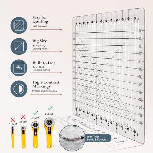 5-in-1 Quilting Ruler - 14.5" x 17.75" Slotted Quilting Ruler for Rotary Cutting, Precision Fabric Strip Guide & Quilting Square Ruler for Sewing Patchwork Quilts - size: 12-1/2in x 14-3/4in