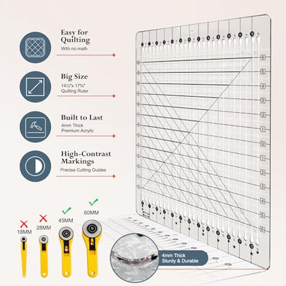 5-in-1 Quilting Ruler - 14.5" x 17.75" Slotted Quilting Ruler for Rotary Cutting, Precision Fabric Strip Guide & Quilting Square Ruler for Sewing Patchwork Quilts - size: 12-1/2in x 14-3/4in
