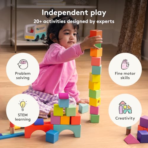 LOVEVERY | The Block Set | Solid Wood Building Blocks and Shapes + Wooden Storage Box, 70 Pieces, 18 Colors, 20+ Activities, Toddler Block Set and Converts into a Pull Car, Ages 12 to 48+ months