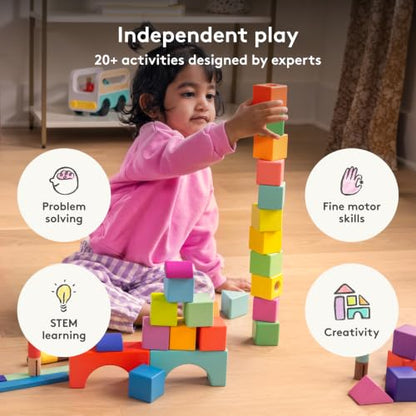 LOVEVERY | The Block Set | Solid Wood Building Blocks and Shapes + Wooden Storage Box, 70 Pieces, 18 Colors, 20+ Activities, Toddler Block Set and Converts into a Pull Car, Ages 12 to 48+ months