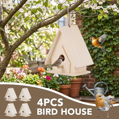 Unfinished Wooden Bird House Set Hanging DIY Paintable Decor 4 Pcs