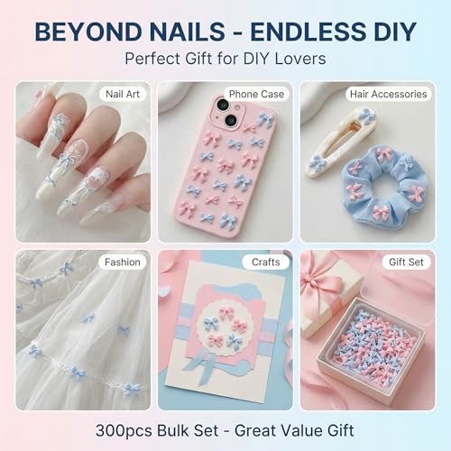 YOJO 3D Bow Nail Charms, Mixed Resin Ribbon Designs, 300pcs Pink White Blue Coquette Aesthetic Charms for Acrylic Nails DIY Crafts - color: Pink,White&Blue