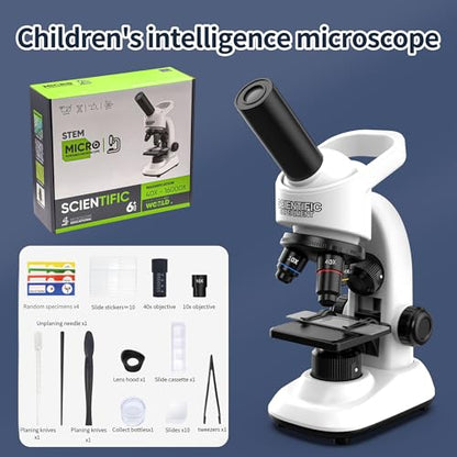 Microscope for Kids Scientific Experiment Kit 40X-1600X Magnification LED Light Educational STEM with Slides and Lab Tools Ages 6-12 (White) - color: White