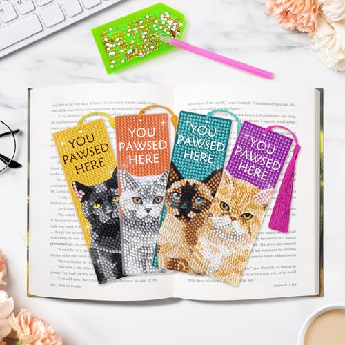 6 PCS Diamond Art Kits Bookmarks Cat Diamond Painting Bookmark, 5D DIY Book Marks Dimond Art Paintings Gem Art, Acrylic Bookmarks with Tassels,Arts and Crafts for Adults Reading Gifts for Book Lovers - style: Cat