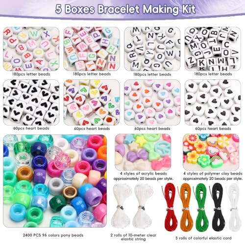 QUEFE 5 Boxes 96 Colors 3300pcs Pony Beads Bracelet Making Kit - color: 96 colors