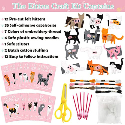 CiyvoLyeen Cat Sewing Kit for Kids –Ages 7 8 9 10 11 12 Kitten Plush Toys Arts & Crafts Set for Beginners, Learn to Sew Gifts Idea for Girls & Boys, Felt 12PCS