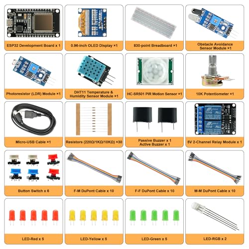 Basic Starter Kit for ESP32 ESP-32S WiFi Development Board, Beginner Electronics Learning Kit with Sensors and Modules, Arduino IDE Compatible, IoT Programming Starter Set
