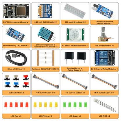 Basic Starter Kit for ESP32 ESP-32S WiFi Development Board, Beginner Electronics Learning Kit with Sensors and Modules, Arduino IDE Compatible, IoT Programming Starter Set