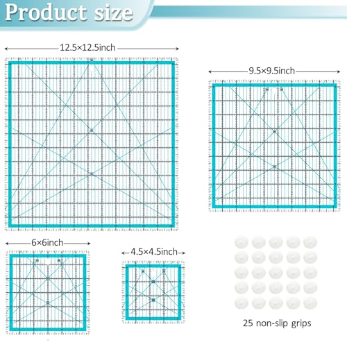 VPVPV 4 Piece Quilting Ruler,Acrylic Square Ruler,Quilting Templates,with Non Slip Rings 25 Pieces（4.5“X4.5”、6“X6”、9.5“X9.5”、12.5“X12.5”） - color: Blue-4