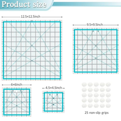 VPVPV 4 Piece Quilting Ruler,Acrylic Square Ruler,Quilting Templates,with Non Slip Rings 25 Pieces（4.5“X4.5”、6“X6”、9.5“X9.5”、12.5“X12.5”） - color: Blue-4