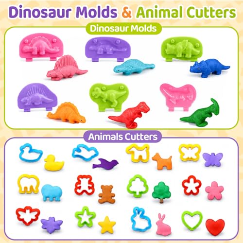 Dough Play Tools Sets for Kids, 35Pcs Clay and Dough Tools Accessories Set with Silicone Mat & Storage Box, 3D Dino Molds, Animal Cutters, Dough Extruder, Rolling Pins for Boys Girls