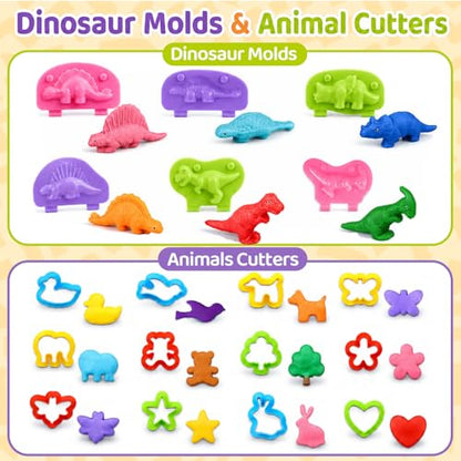 Dough Play Tools Sets for Kids, 35Pcs Clay and Dough Tools Accessories Set with Silicone Mat & Storage Box, 3D Dino Molds, Animal Cutters, Dough Extruder, Rolling Pins for Boys Girls