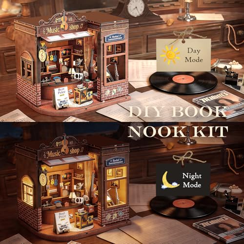 Book Nook Kit DIY Miniature House for Adults, Timeless Music Shop Dollhouse Bookshelf Insert with LED Light, DIY Craft Model Kit for Adults & Teens, Unique Bookshelf Decor Gift for Book Lovers - style: Music Shop