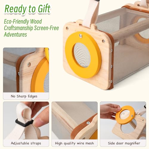 Bug Catching Kit for Kids Ages 3-14, 11PCS Wooden Nature Explorer Set with Butterfly Net, Bug Habitat, Magnifying Glass and Outdoor Insect Tools, Catch-and-Release STEM Educational Toy Gift