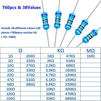 760 Pcs 38 Values 1/4W Resistor Kit from 1 Ohm to 1M Ohm 1/4 Watt 1% Tolerance Metal Film Resistors Assortment - style: 1/4w 38 Values