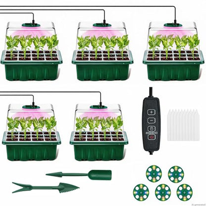 Seed Starter Tray with Grow Light, 5 Pack 60 Cells Seedling Starter Kit with Humidity Dome, Full Spectrum Plant Grow Lights for Seed Germination, IndoorGreenhouse Trays for Seedlings Starting