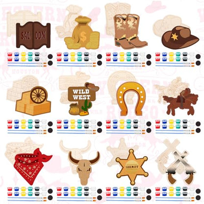 JellyArch 24 Pcs West Cowboy Wooden Painting Kits with Magnets, 12 Designs - style: West Cowboy