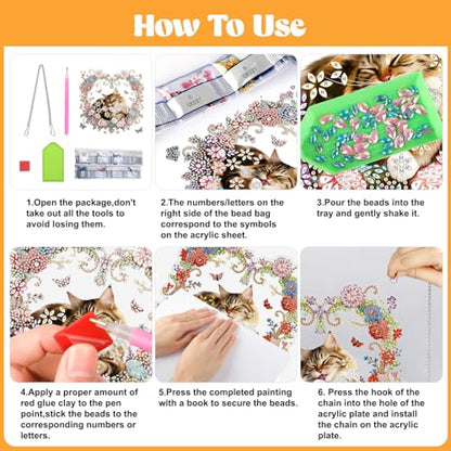 AIRDEA Hanging Diamond Painting Kits Cats,Special Shaped Diamond Art Kits Wreaths Gem Art Pendant Decor,19.4x19.7cm - color: brown red white
