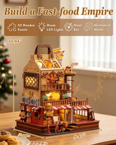 DIY Moving Miniature House Kit, 3D Wooden Puzzle Burger Joint Shop for Adults, Mechanical Model Building Kit with Music Box & LED Light Book Nook Kit