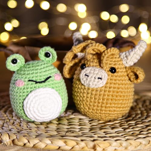 CrochetBox Highland Cow and Frog Crochet Kit for Beginners, 2 PCS Set - color: 2 PCS Highland Cow and Frog