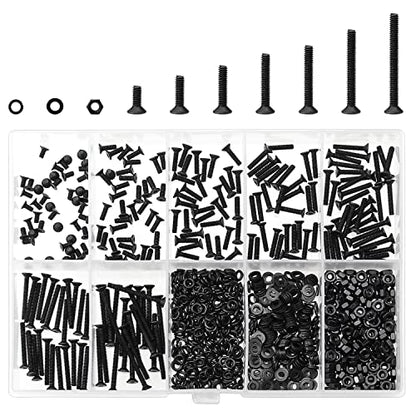 HELIFOUNER 560 Pieces M2 x 4mm /6mm /8mm /10mm /12mm /16mm /20mm, Countersunk Head Socket Cap Screws Bolts Washers Nuts Kit, 10.9 Grade Alloy Steel, Full Threaded, Black - size: M2, style: Countersunk Head