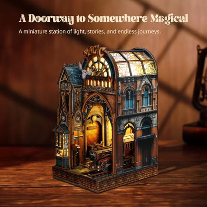 FUNPOLA LED 3D Puzzle Magic Station Book Nook Kit - Interactive 3D Wood Puzzle LED Magical Miniature with Infinite Extension Space - DIY Bookshelf Insert Decor Gifts(Magic Station) - color: Magic Station