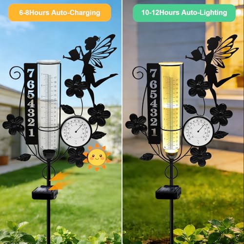 Metal Fairy Number Solar Rain Gauge Outdoor with LED Light and Thermometer - color: Fairy