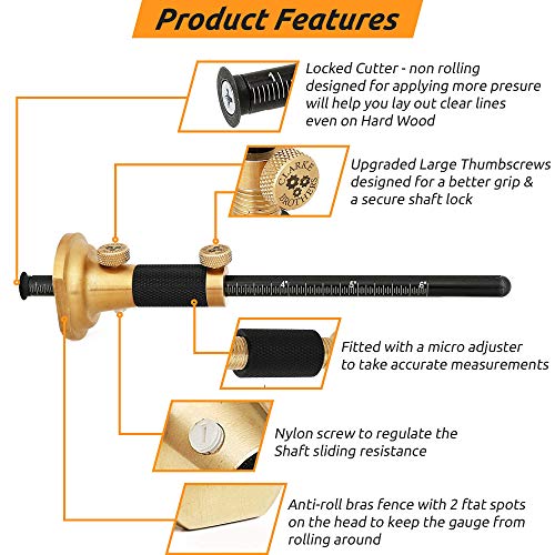 Clarke Brothers Wheel Marking Gauge Kit – 7" Brass Marking Tool with Anti-Roll Fence, Micro-Adjuster, Metric/Imperial Ruler, 2 Extra Cutters & Bolts, Woodworking Scribe Tool