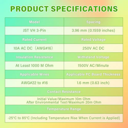 250 Pieces / 50 Sets JST VH 3.96mm 3 Pin 24-18 AWG Connector Kit - size: 3-Pin, style: JST-VH