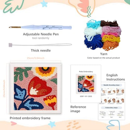 SDOYUNO Punch Needle Kit with Frame for Adults Beginners Kits 9.84 x 9.84 Inch Embroidery Starter Kits Punch Needle Kit with Red Flower Pattern, Threader, Yarns, Rug Punch, DIY Craft Kits (red) - color: red