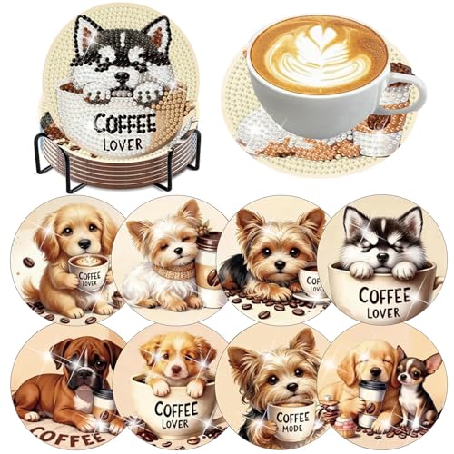 Xylogist 8 Pcs Coffee Dog Diamond Art Coasters with Holder 4X4 inch - color: Coffee Dog Coasters