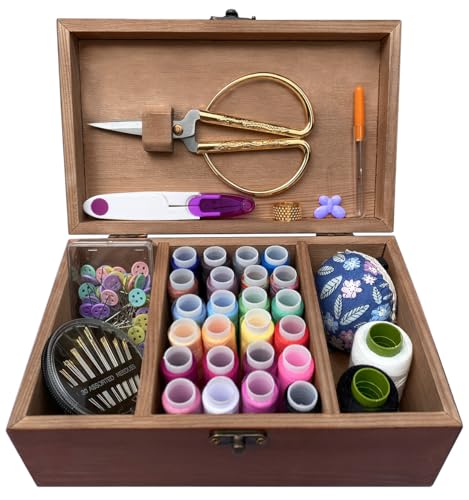 Wooden Sewing Kit Box with Cute Sewing Accessories, Sewing Basket Kit for Adults Beginners Kids Girls, Home Hand Sewing Starter Kit