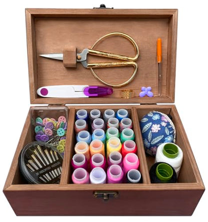 Wooden Sewing Kit Box with Cute Sewing Accessories, Sewing Basket Kit for Adults Beginners Kids Girls, Home Hand Sewing Starter Kit