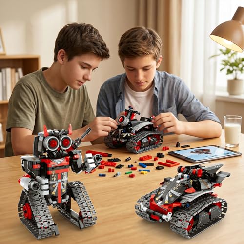 STEM Robot/Tank/Tracked Combat Vehicle 3-in-1 Transforming Mecha RC Car Building Kit for Boys 6-12, Remote & APP Controlled Coding Gear, 419 Pcs Learning Educational Blocks Toy Gift for Kids - color: Red