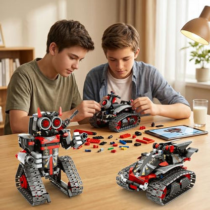 STEM Robot/Tank/Tracked Combat Vehicle 3-in-1 Transforming Mecha RC Car Building Kit for Boys 6-12, Remote & APP Controlled Coding Gear, 419 Pcs Learning Educational Blocks Toy Gift for Kids - color: Red