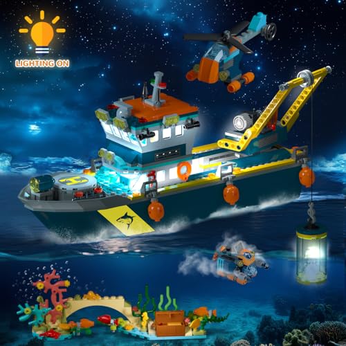 HiWEEGO City Floatable Boat Building Set with LED Light - Ocean Arctic Explorer Ship Building Block Kit with Helicopter, Sub Exploration Toy Adventure Set Birthday Gift for Kids Boys Girls 6 7 8 9 10+