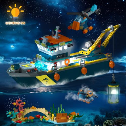 HiWEEGO City Floatable Boat Building Set with LED Light - Ocean Arctic Explorer Ship Building Block Kit with Helicopter, Sub Exploration Toy Adventure Set Birthday Gift for Kids Boys Girls 6 7 8 9 10+