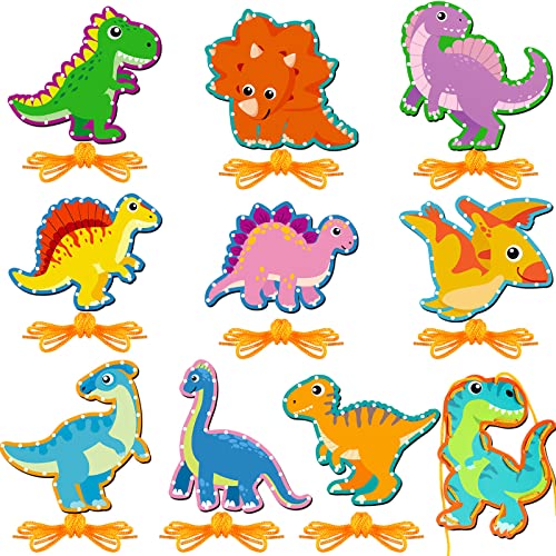 Pajean 10 Pcs Kids Lacing Cards Double Sided Animal Sewing Cards Kits 10 Styles Lacing Toy Crafts for Toddler Ages 6+ Developing Imagination Preschool Learning Activity Supplies(Dinosaur Style) - style: Dinosaur Style